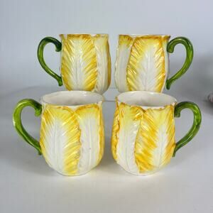 Set 4 Lefton China Yellow Cabbage Rose Coffee Mugs Retired Vtg Rare POOR 7057